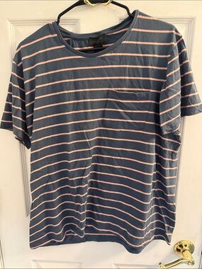 Magaschoni Navy Tee with Pink Stripes and Chest Pocket